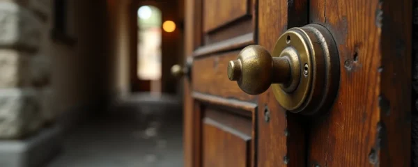 Porte d'entrée d'un immeuble ancien d'Annemasse au moment du claquement, lumière naturelle, détail des serrures et pêne