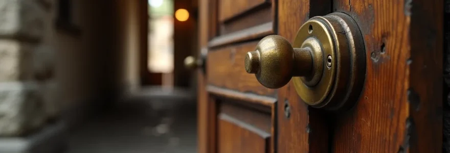Porte d'entrée d'un immeuble ancien d'Annemasse au moment du claquement, lumière naturelle, détail des serrures et pêne