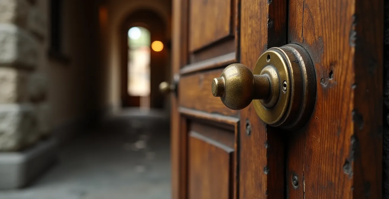 Porte d'entrée d'un immeuble ancien d'Annemasse au moment du claquement, lumière naturelle, détail des serrures et pêne