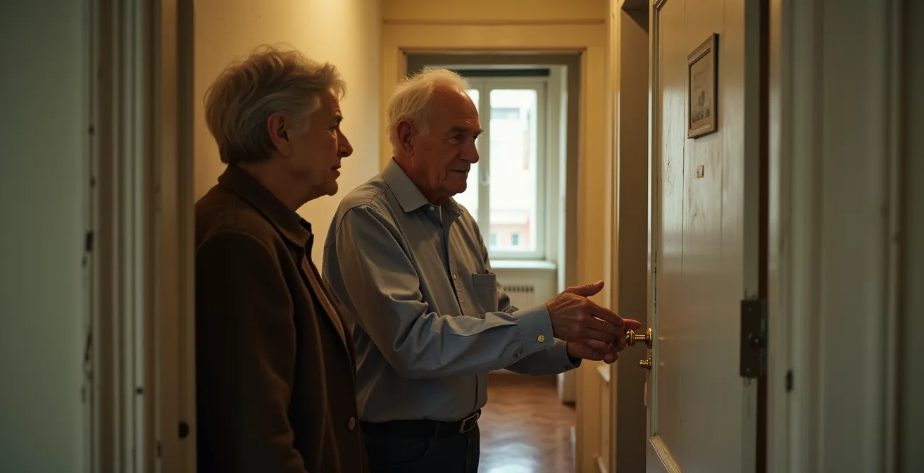 Interaction entre voisins d'un immeuble ancien, entraide et consultation sur une porte d'appartement