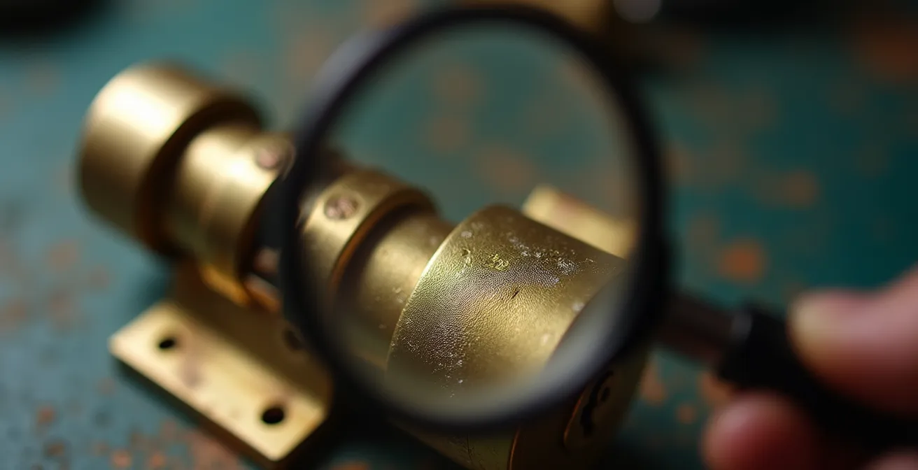 Gros plan sur l'inspection minutieuse d'un cylindre de serrure avec loupe professionnelle
